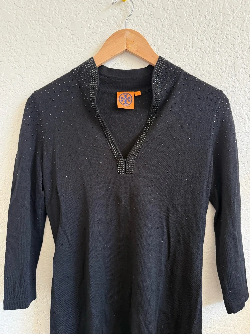 Tory Burch Black V-Neck Beaded Knit Tunic Sweater Mid Sleeve S